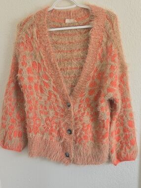 Altar'd State Coral and Beige Fuzzy Button-Front Cardigan